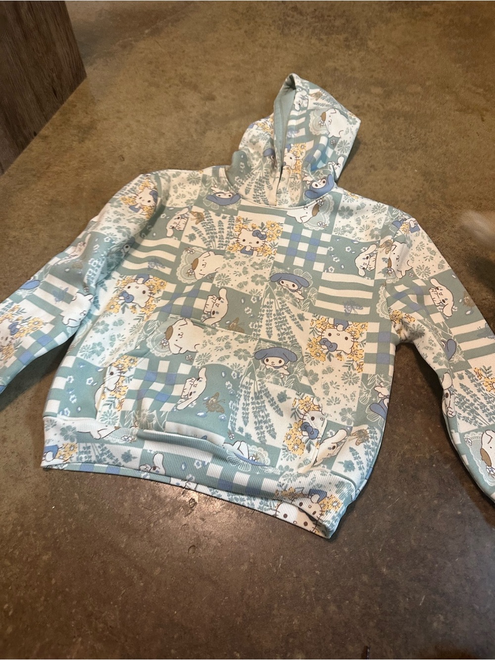 Girls Hello Kitty Hooded Pullover Sweatshirt in Light Blue Patchwork medium 7/8